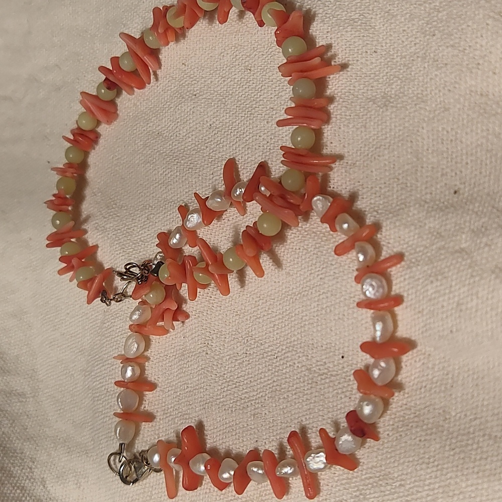 Bracelet,red coral and pearl's and jade,925 silver clasp and chain